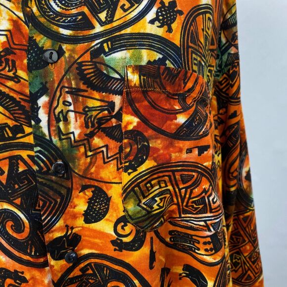 Vintage 90s Y2K Woman Blouse Medium Button Up Orange Boho Peasant Tribal Novelty - Picture 7 of 16